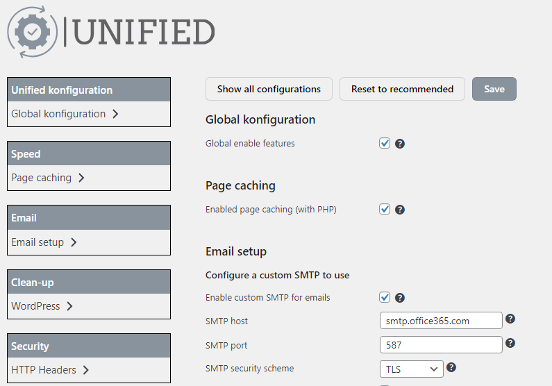 Unified configuration screen