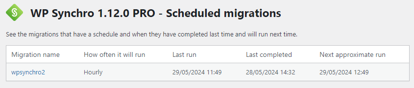 Scheduled migration screen in WP Synchro